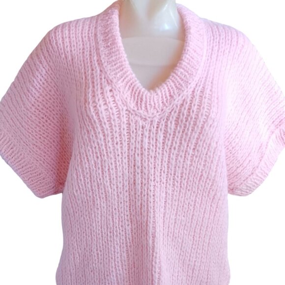Women's XXL Vintage Sweater 1OF1 Handmade Granny Pink Knit V-Neck Short Sleeve - Picture 1 of 6